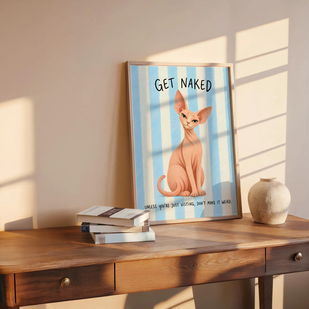 Get Naked Sphynx Cat Bathroom Wall Art, Funny Hairless Cats Poster, Guest Bathroom Quote Print, Blue Striped Powder Room Decor