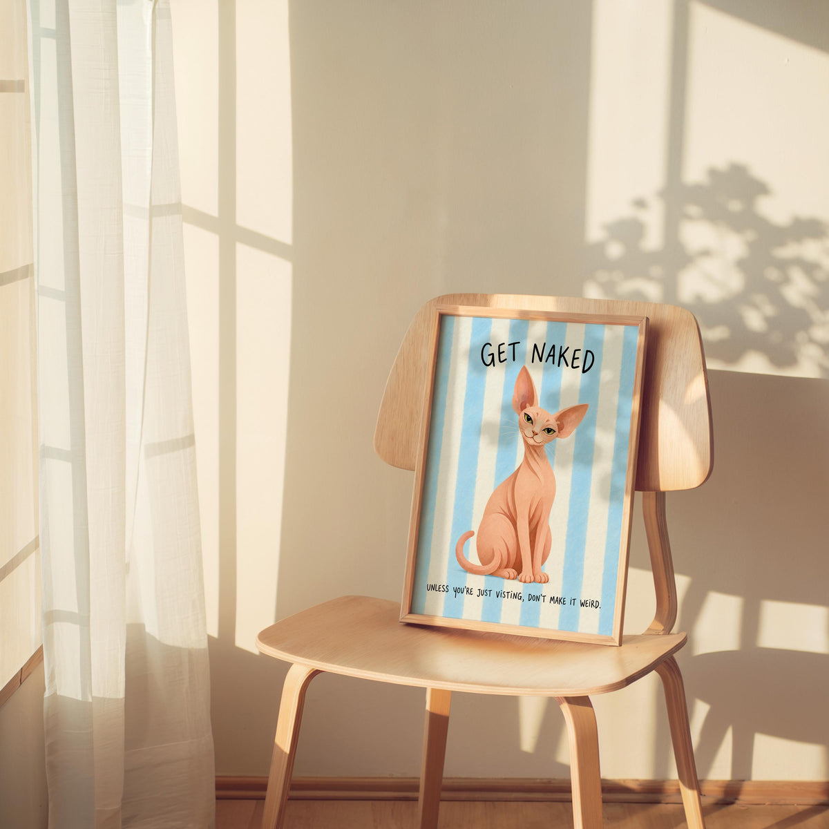 Get Naked Sphynx Cat Bathroom Wall Art, Funny Hairless Cats Poster, Guest Bathroom Quote Print, Blue Striped Powder Room Decor