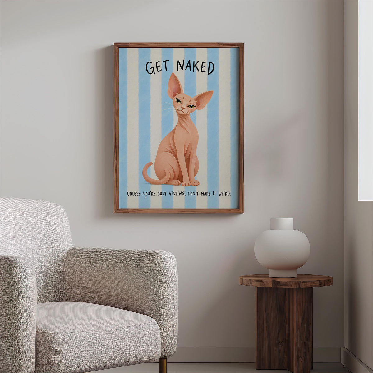 Get Naked Sphynx Cat Bathroom Wall Art, Funny Hairless Cats Poster, Guest Bathroom Quote Print, Blue Striped Powder Room Decor