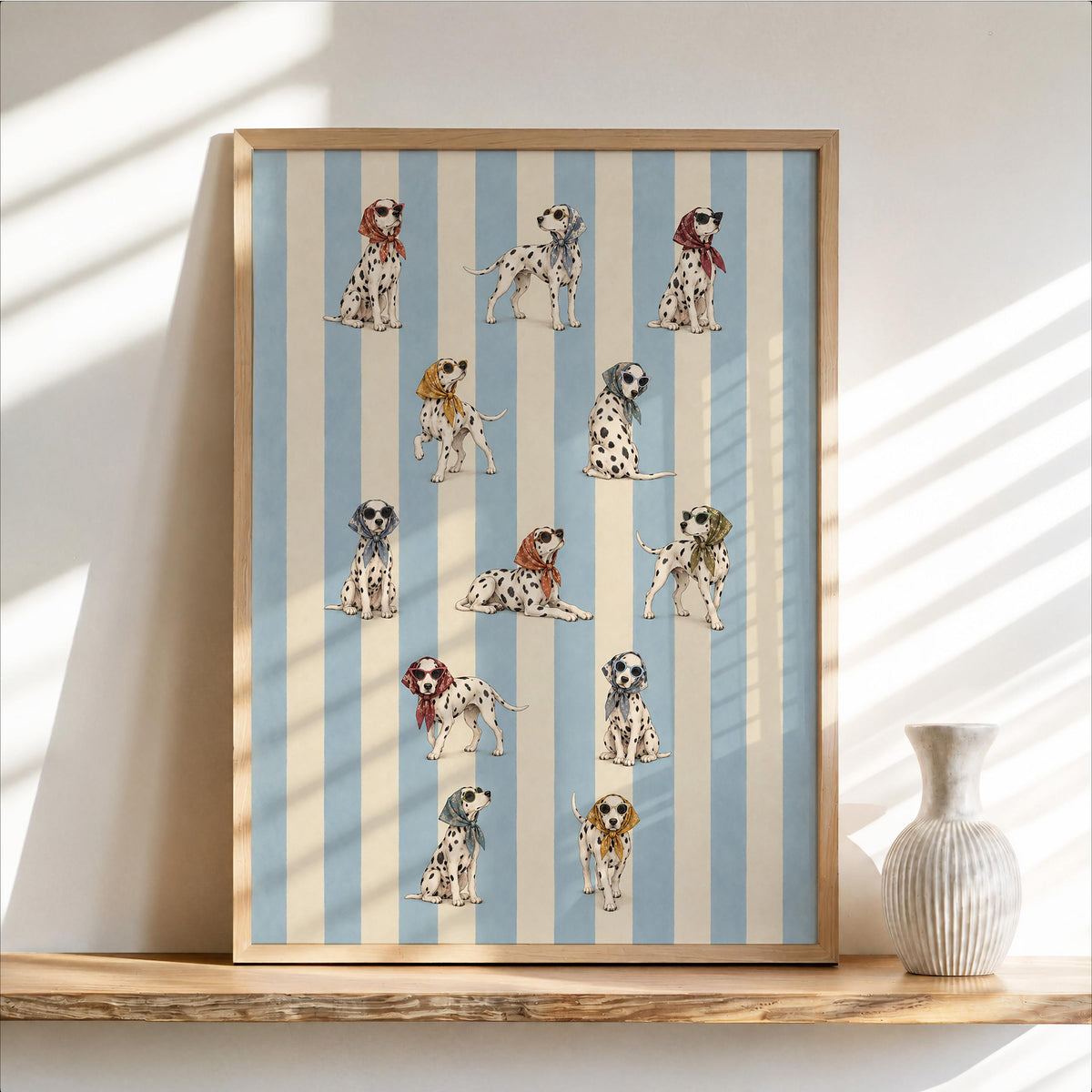 Dalmatian Dog Fashion Wall Art, Funny Dog Poster with Headscarf & Sunglasses, Blue Striped Pet Print, Quirky Chic Dog Lover Decor