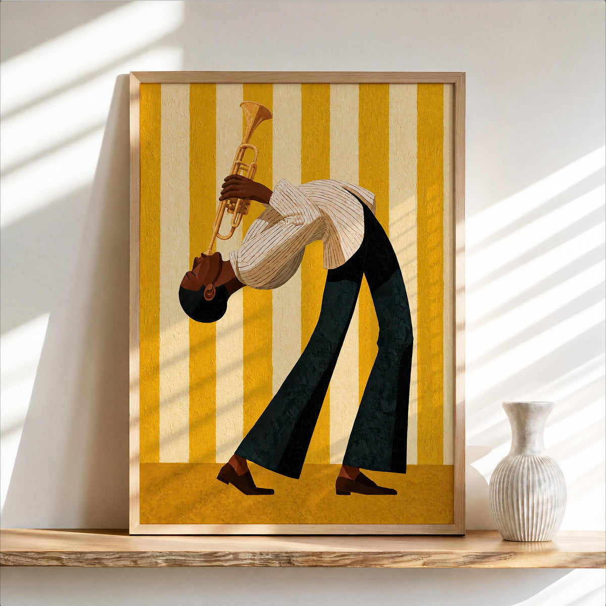 Jazz Trumpet Player Wall Art, Abstract Musician Print, Colorful Striped Mid Century Jazz Poster, Music Room Decor, Unique Jazz Lover Gift