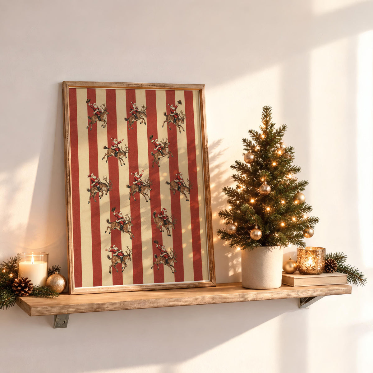 Santa Rodeo Reindeer Print, Vintage Christmas Cowboy Wall Art, Red Stripe Holiday Illustration, Retro Santa Claus Western Decor, Xmas Poster