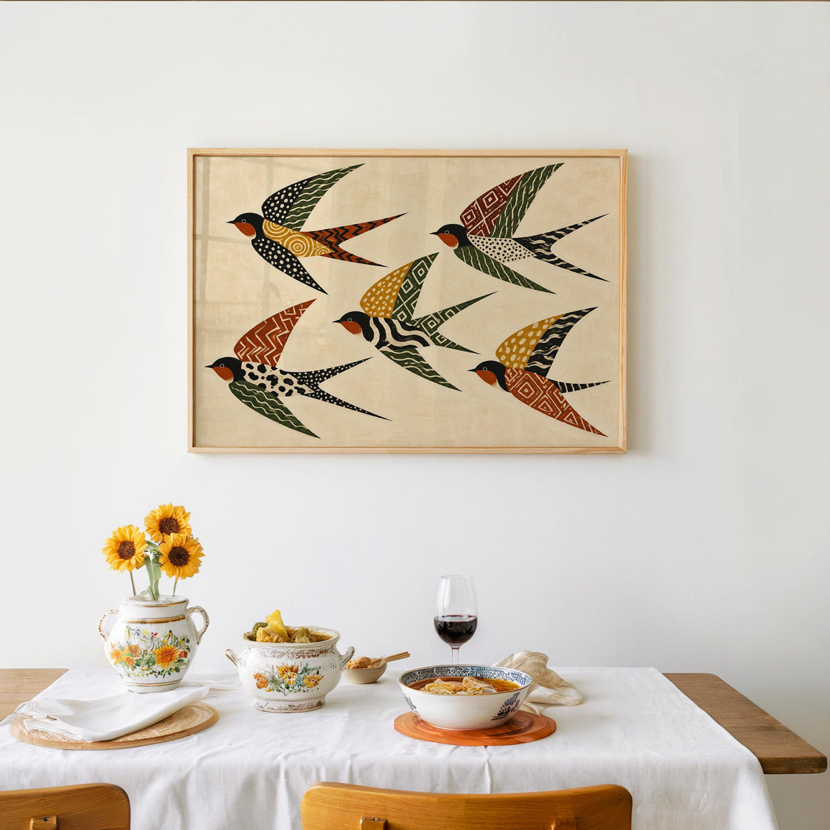 Folk Art Swallows Print, Geometric Bird Wall Decor, African Inspired Animals Poster, Earthy Rust Olive Mustard Artwork, Eclectic Living Room