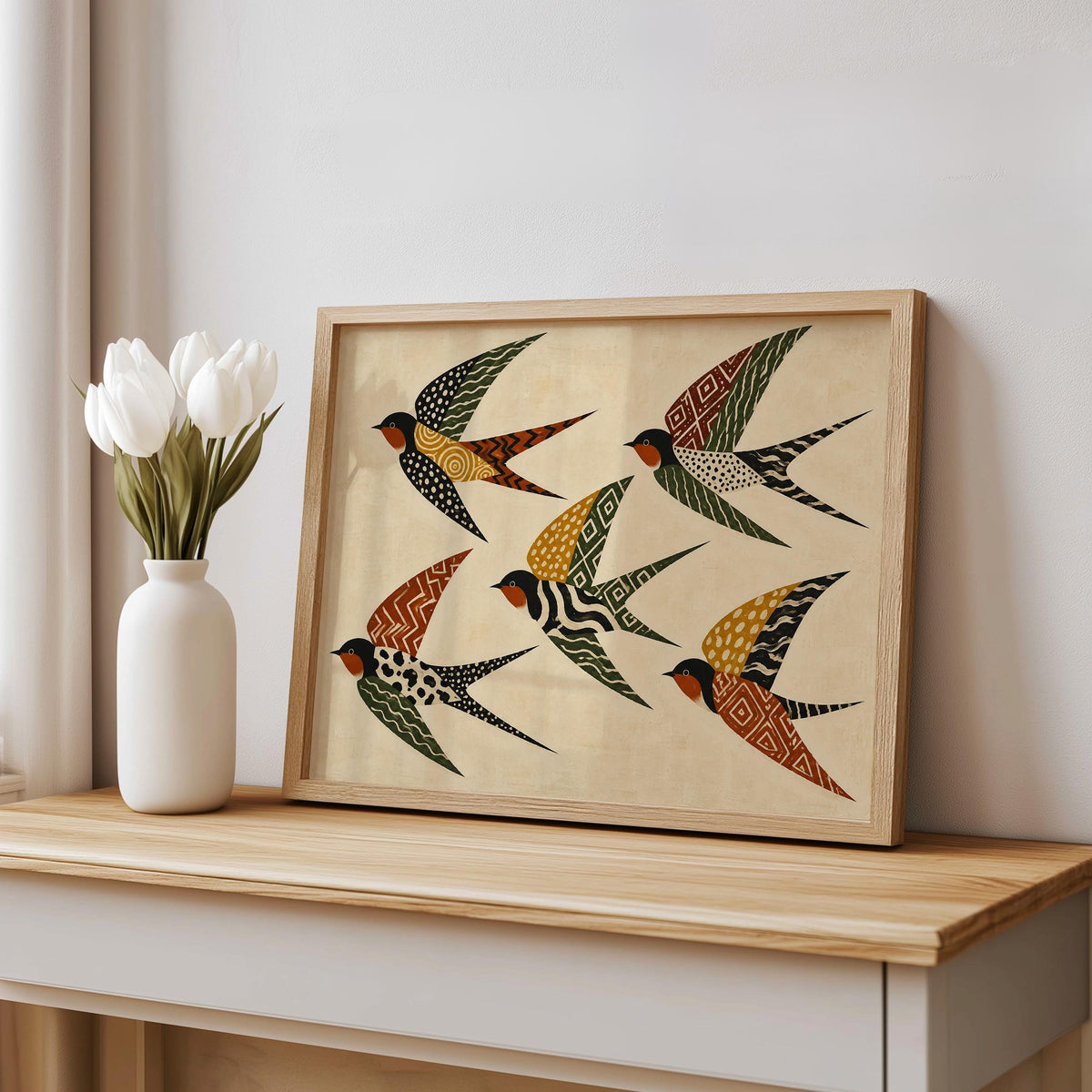 Folk Art Swallows Print, Geometric Bird Wall Decor, African Inspired Animals Poster, Earthy Rust Olive Mustard Artwork, Eclectic Living Room