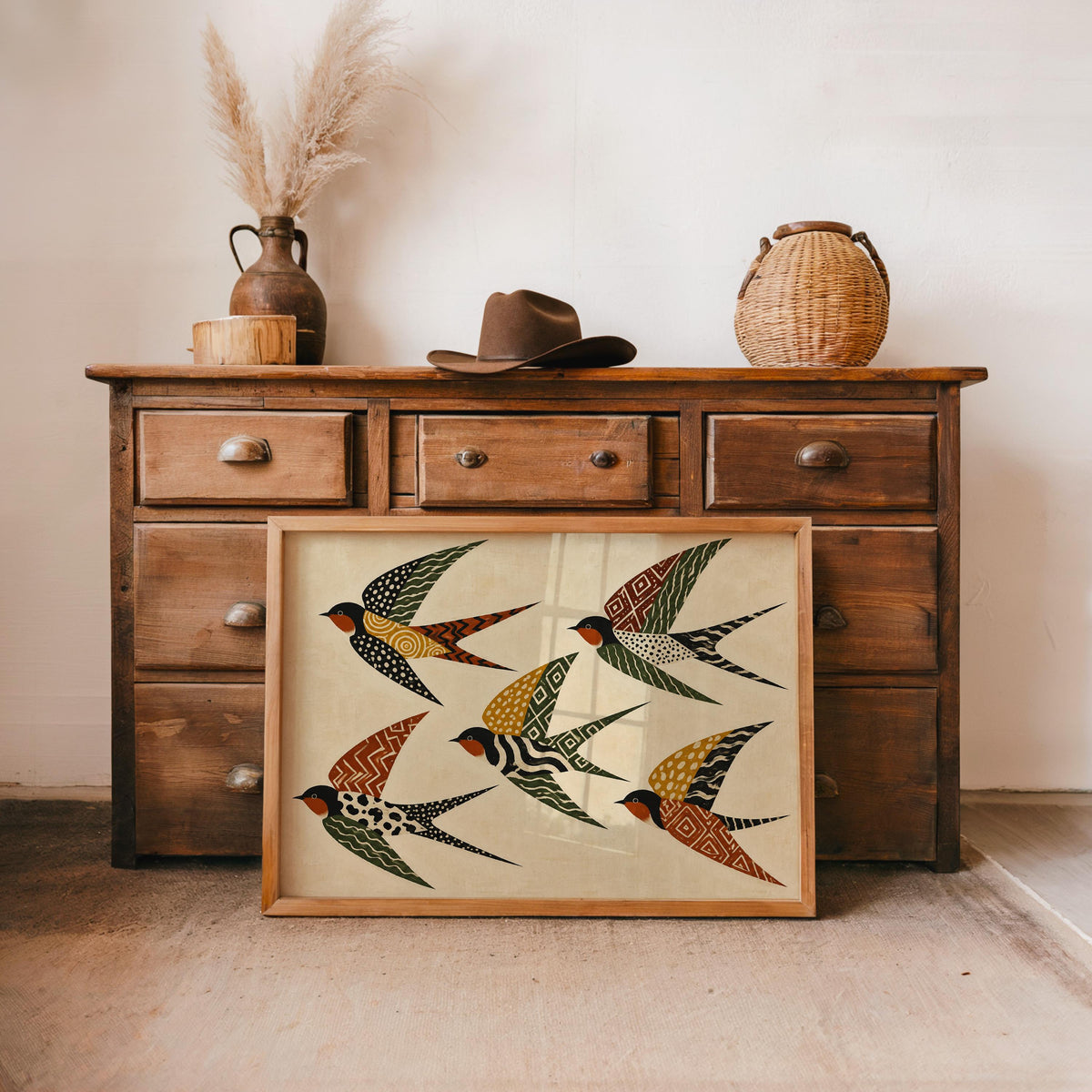 Folk Art Swallows Print, Geometric Bird Wall Decor, African Inspired Animals Poster, Earthy Rust Olive Mustard Artwork, Eclectic Living Room