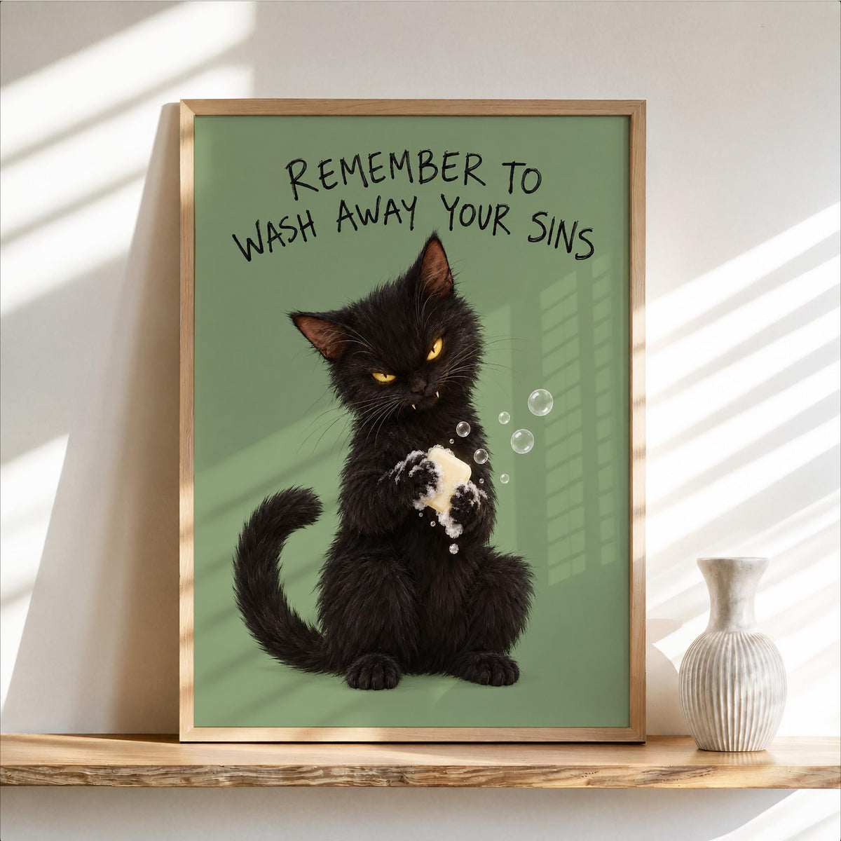Funny Black Cat Bathroom Print, Remember to Wash Away Your Sins Wall Art, Quirky Restroom Quote Poster, Yellow Animal Loo Sign Decor