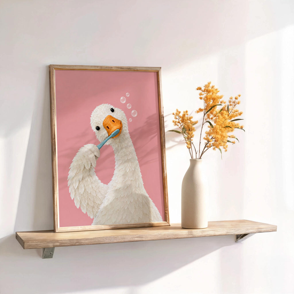 Silly Goose Brushing Teeth Print, Toothbrush Duck Wall Art, Funny Bathroom Poster, Animal Bath Decor, Fun Kids Decor, Nursery Illustration
