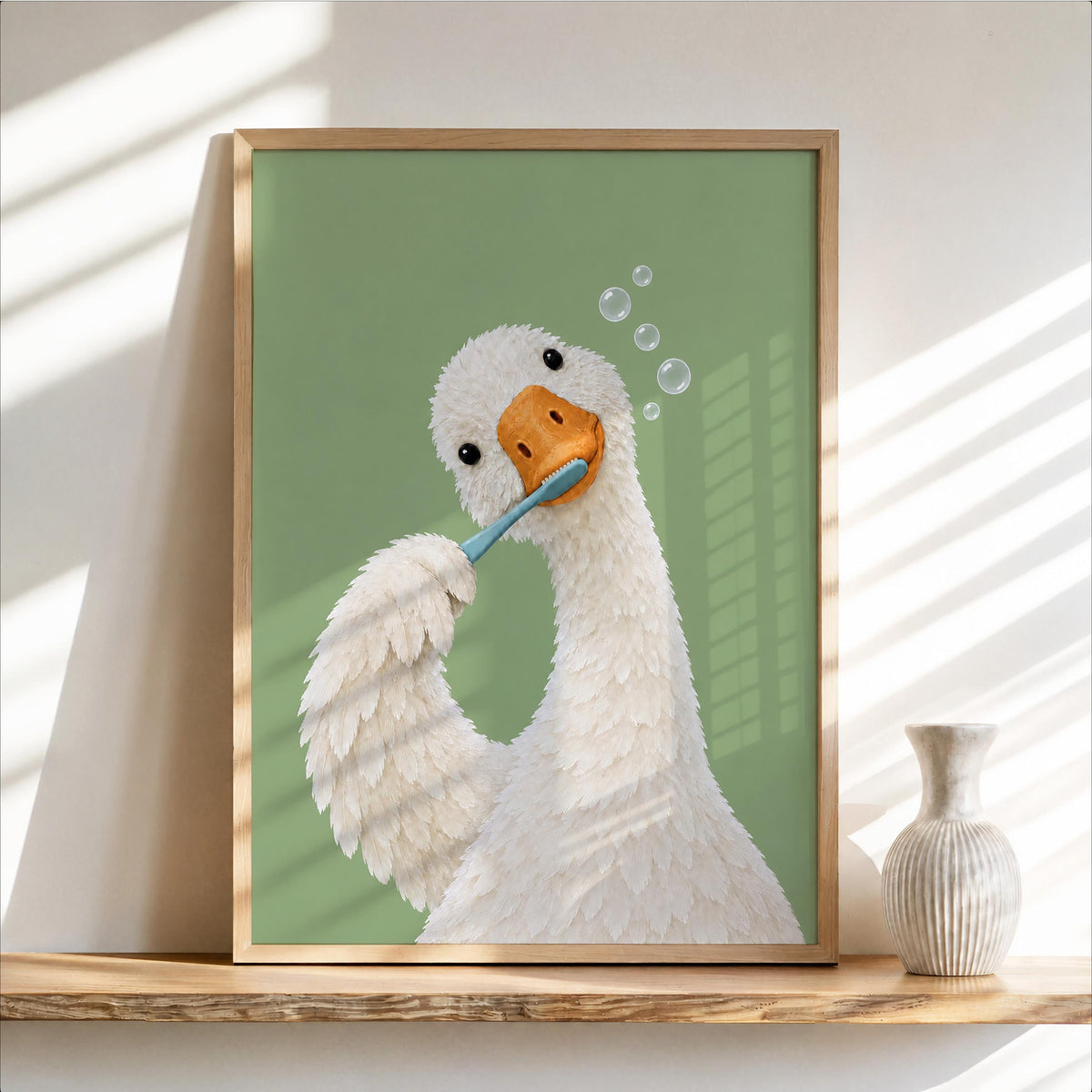 Silly Goose Brushing Teeth Print, Toothbrush Duck Wall Art, Funny Bathroom Poster, Animal Bath Decor, Fun Kids Decor, Nursery Illustration