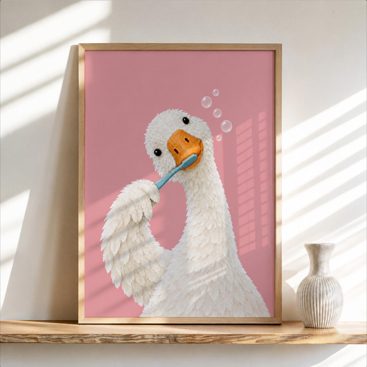 Silly Goose Brushing Teeth Print, Toothbrush Duck Wall Art, Funny Bathroom Poster, Animal Bath Decor, Fun Kids Decor, Nursery Illustration