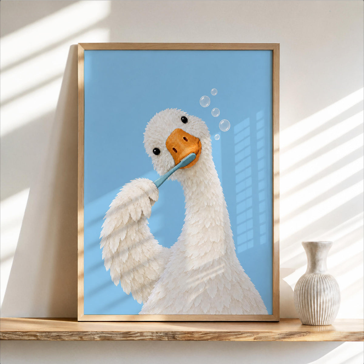 Silly Goose Brushing Teeth Print, Toothbrush Duck Wall Art, Funny Bathroom Poster, Animal Bath Decor, Fun Kids Decor, Nursery Illustration