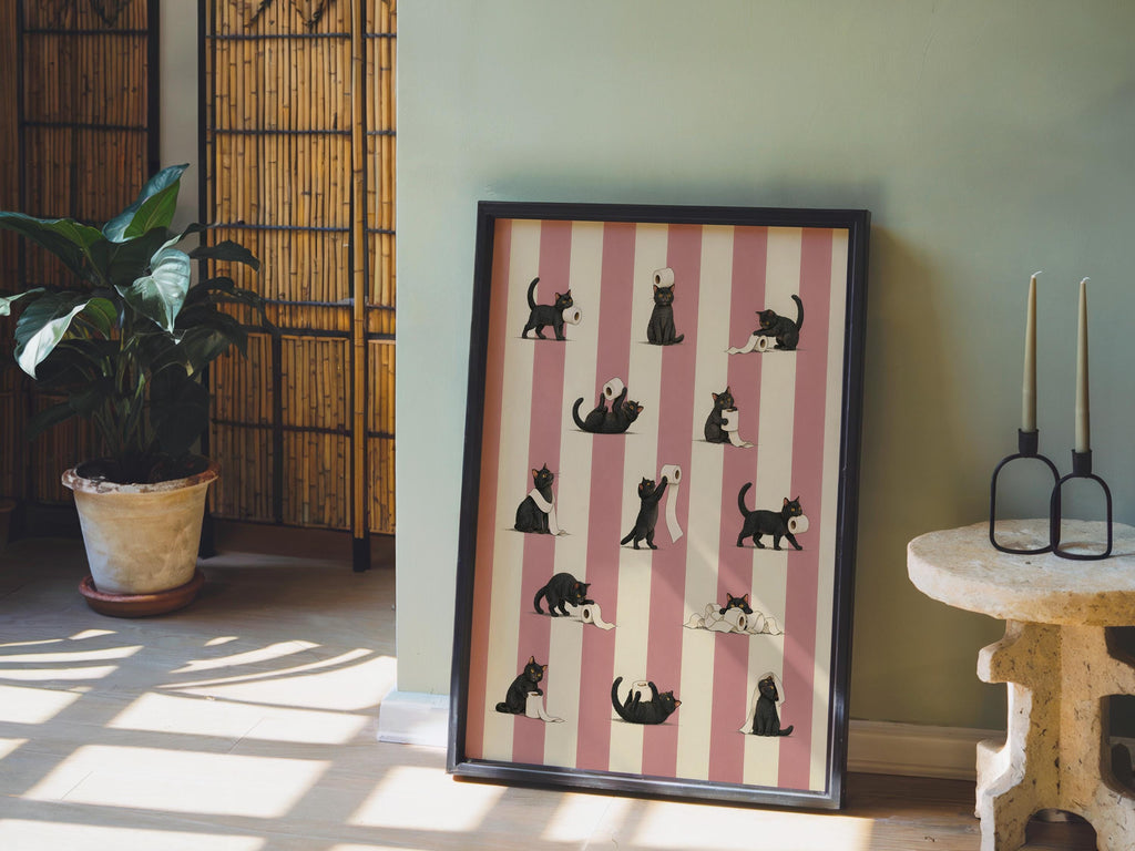 Cat Bathroom Print, Funny Toilet Paper Cats, Vintage Striped Animal Wall Art, Quirky Restroom Decor