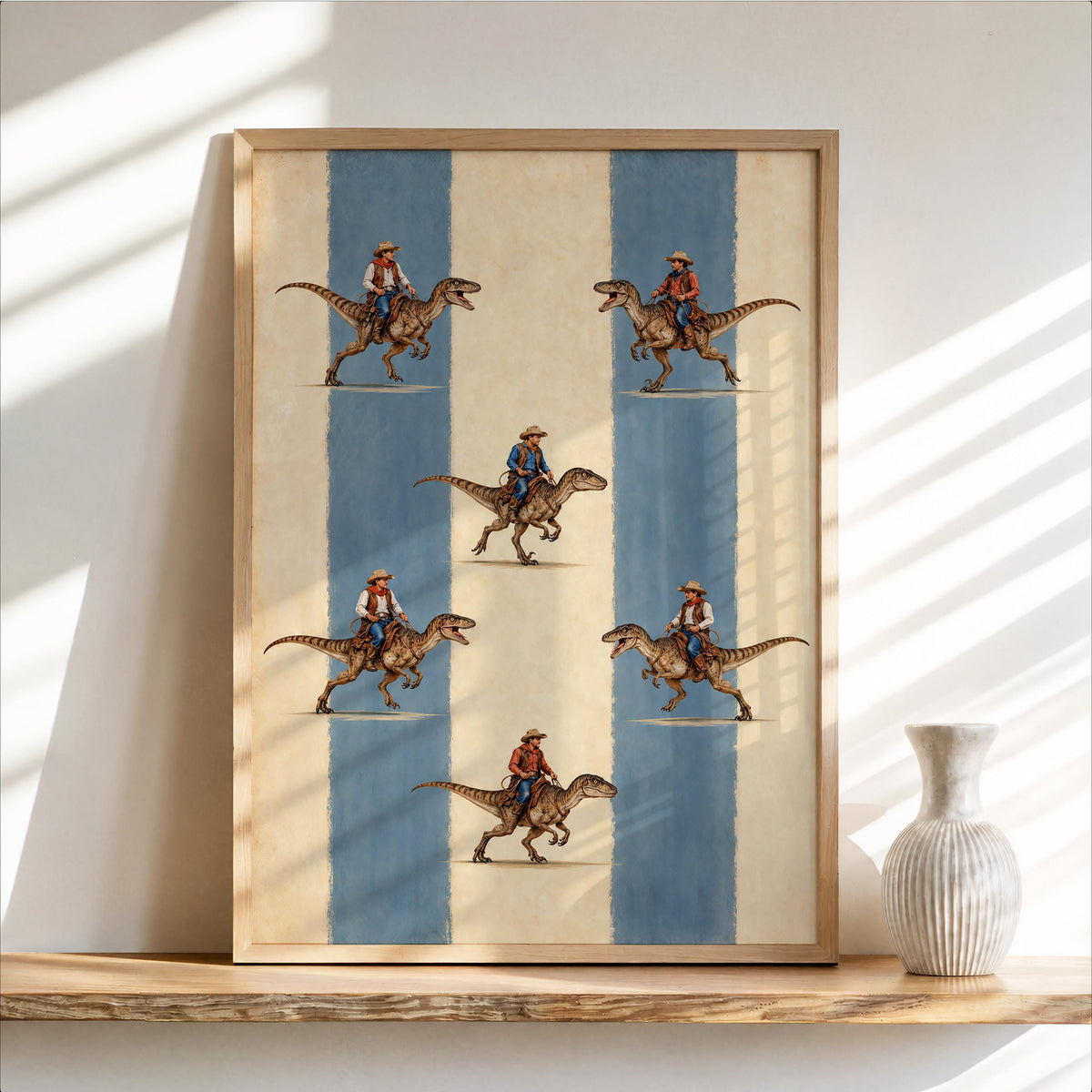 Cowboys Riding Dinosaurs Wall Art, Striped Vintage Print, Funny Western Dino Poster, Raptor Cowboy Decor, Americana Boys Room Nursery