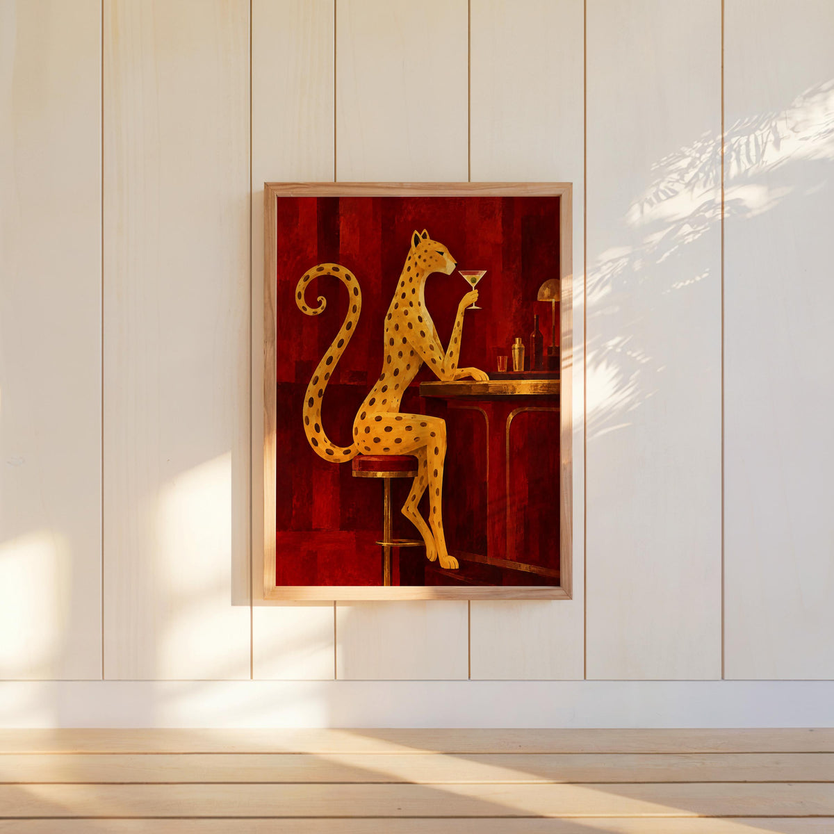 Leopard Drinking Cocktail Print, Red Martini Bar Wall Art, Abstract Big Cat Poster, Vintage Lounge Decor, Funny Feminine Canvas
