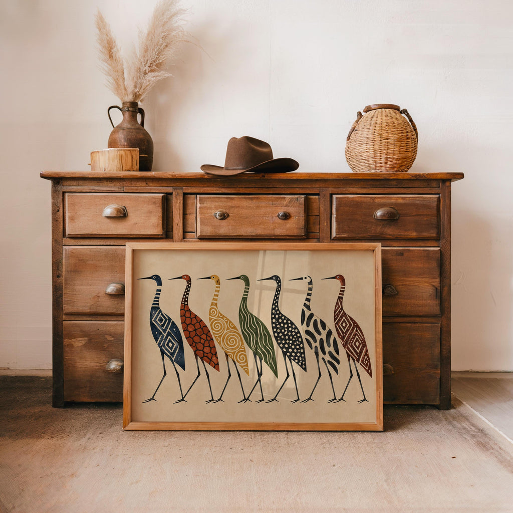 Abstract Crane Wall Art, Patterned Egret Poster, Mid Century Folk Print, Earth Tone Decor, Modern Boho Statement Art, Bird Lover Gift