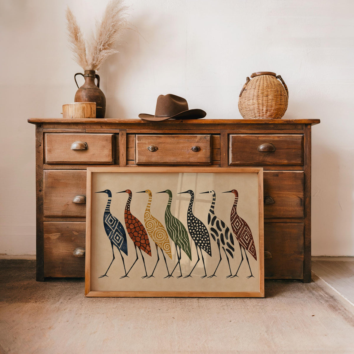 Abstract Crane Wall Art, Patterned Egret Poster, Mid Century Folk Print, Earth Tone Decor, Modern Boho Statement Art, Bird Lover Gift