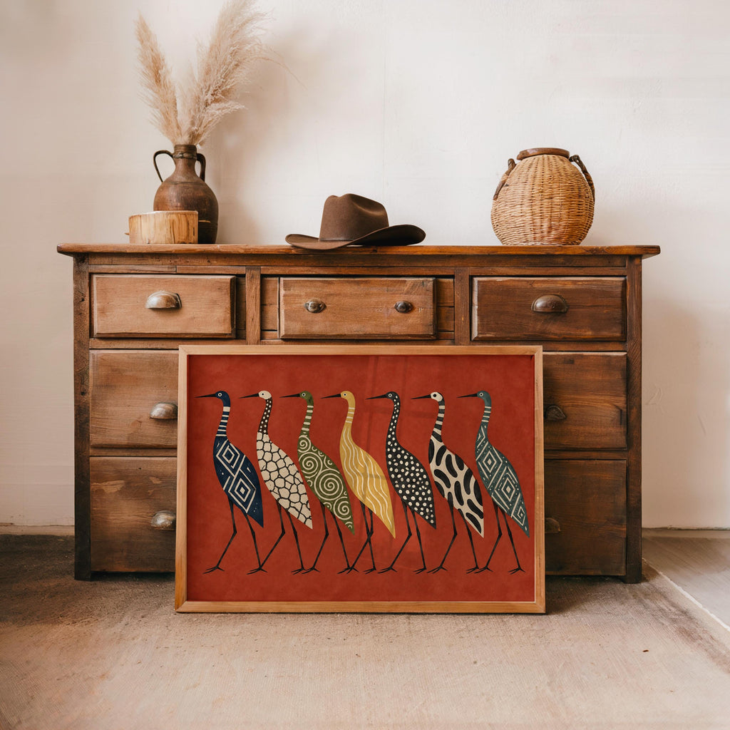 Abstract Crane Wall Art, Patterned Egret Poster, Mid Century Folk Print, Earth Tone Decor, Modern Boho Statement Art, Bird Lover Gift