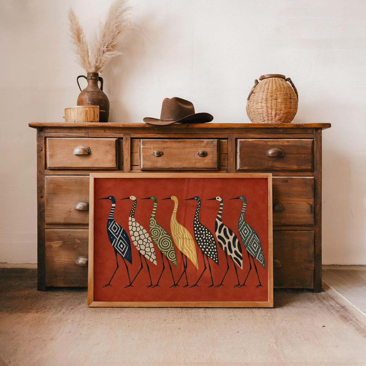 Abstract Crane Wall Art, Patterned Egret Poster, Mid Century Folk Print, Earth Tone Decor, Modern Boho Statement Art, Bird Lover Gift