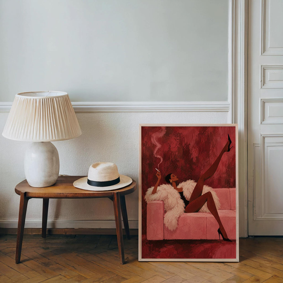 Vintage Glamour Smoking Woman Wall Art, Abstract Afrocentric Print, Red Pink Mid Century Poster, Feminine African American Statement Decor
