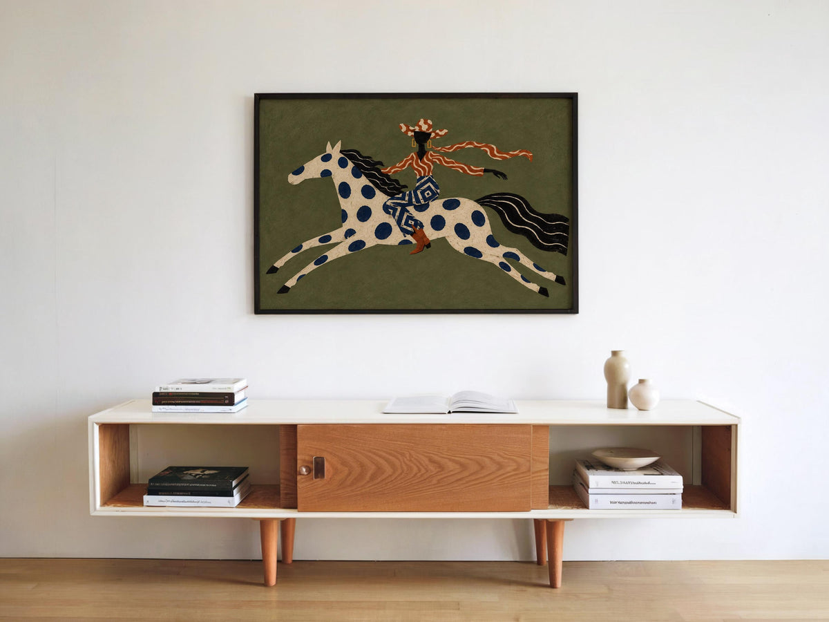 Abstract Cowgirl Horse Rider Print, Western Equestrian Wall Art, Cowboy Home Decor, Eclectic Ranch Style Poster