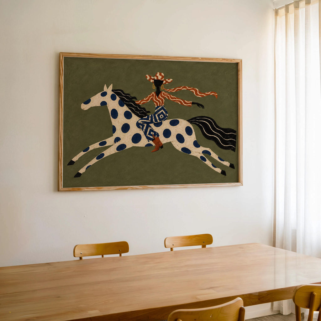 Abstract Cowgirl Horse Rider Print, Western Equestrian Wall Art, Cowboy Home Decor, Eclectic Ranch Style Poster