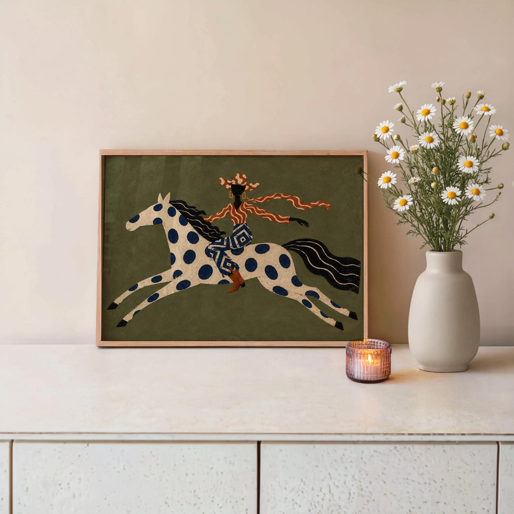 Abstract Cowgirl Horse Rider Print, Western Equestrian Wall Art, Cowboy Home Decor, Eclectic Ranch Style Poster
