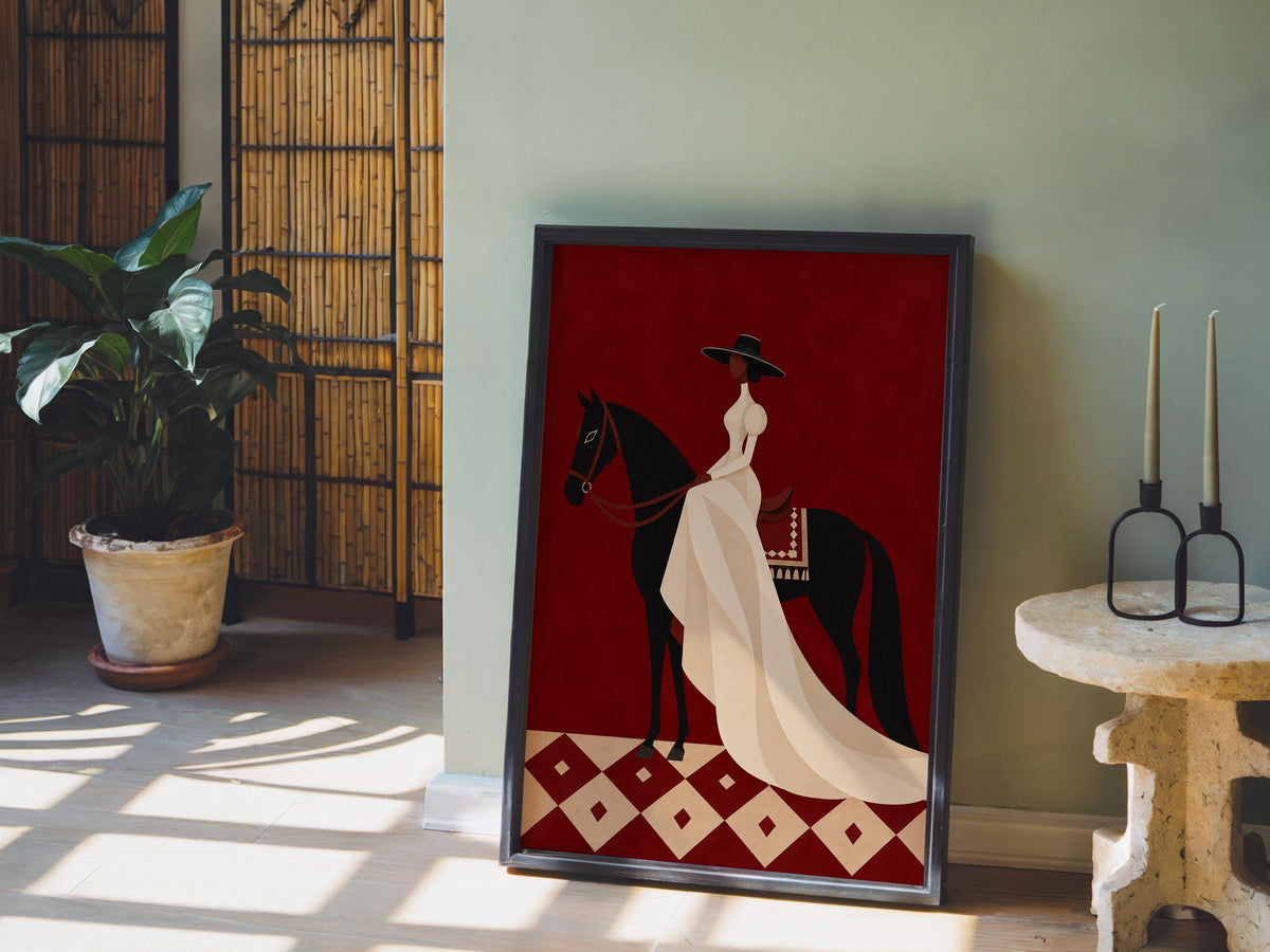 Black Woman Equestrian Wall Art, Afrocentric Horse Rider Print, Western Decor, Elegant Cowgirl Poster, African American Artwork