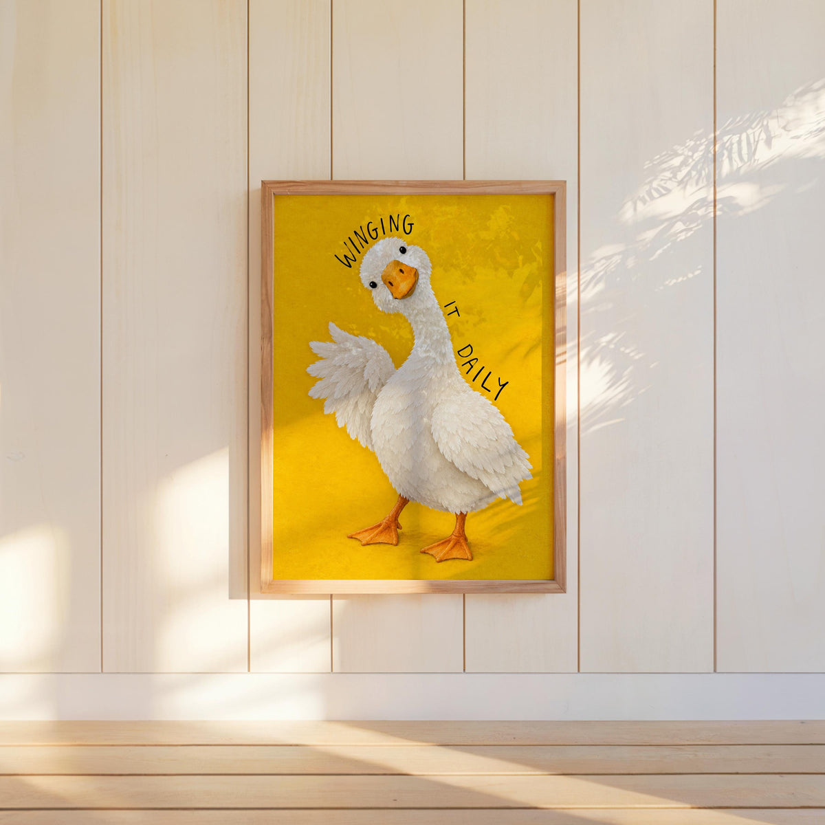 Winging It Daily Goose Wall Art, Funny Motivational Quote Duck Print, Silly Yellow Animal Poster, Quirky Office Decor