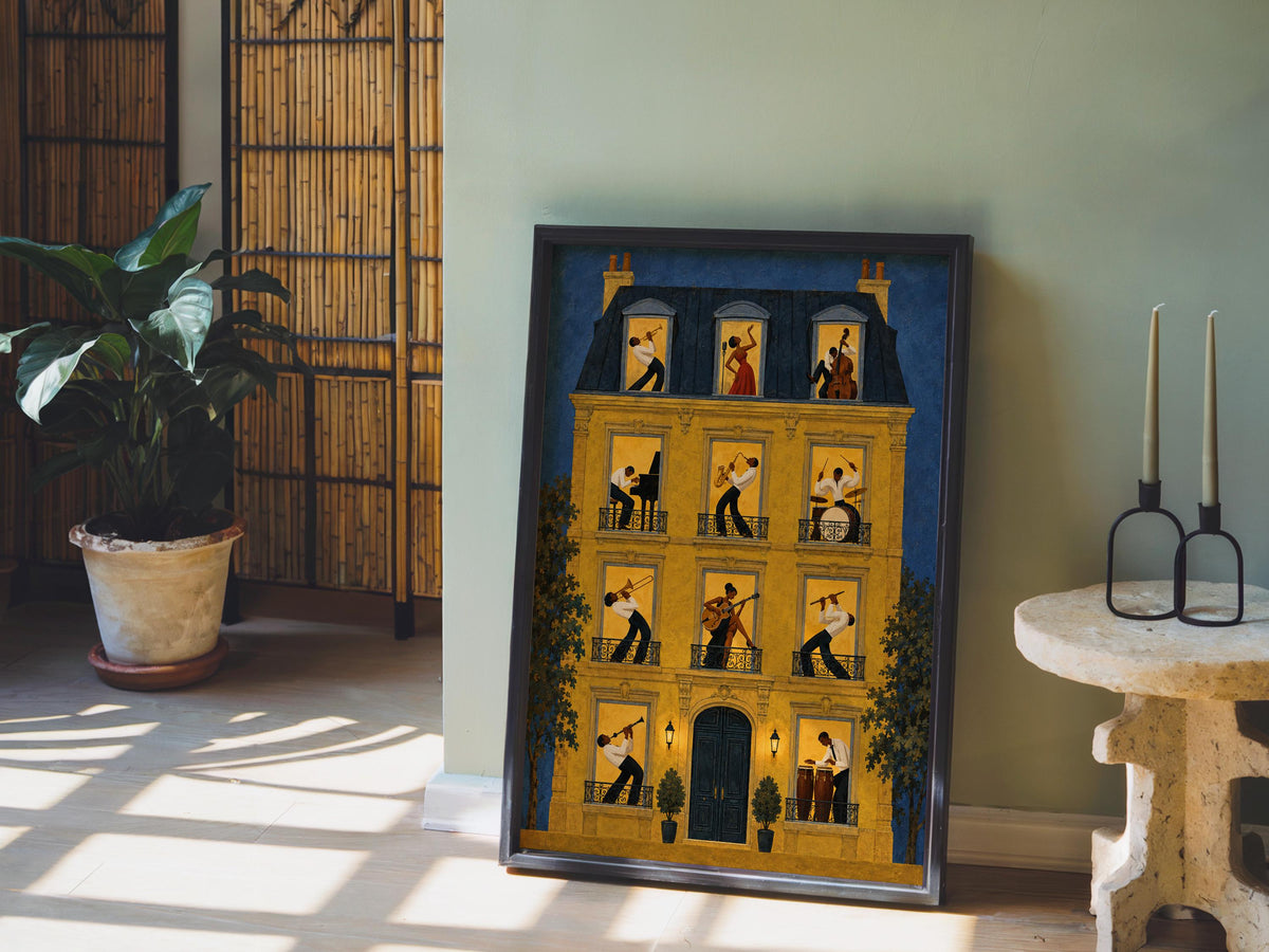 Unframed jazz music wall art print resting on floor in sunlit nook, African American jazz art homage