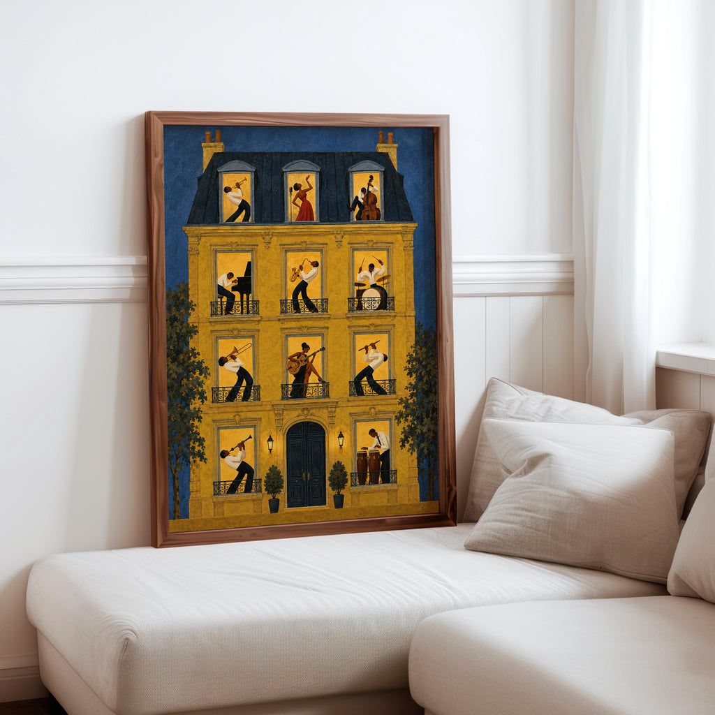 Unframed jazz music wall art print on bedroom bench, deep navy building, intimate jazz musicians art atmosphere