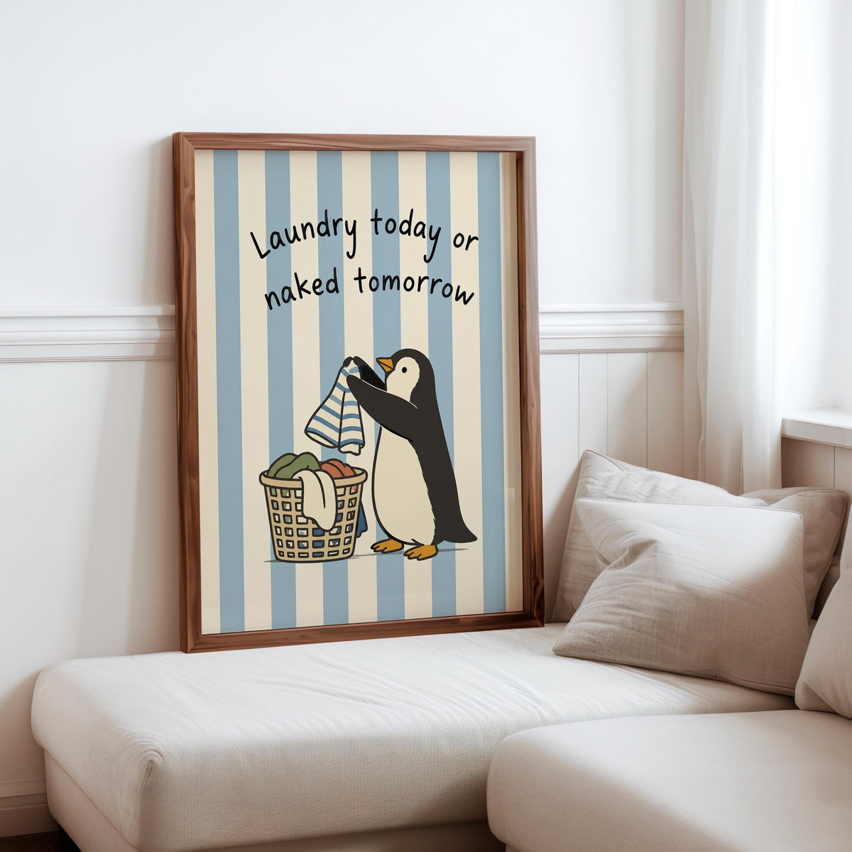 Funny Penguin Laundry Poster, Blue Striped Utility Room Decor, Playful Home Chore Wall Art, Laundry Today or Naked Tomorrow