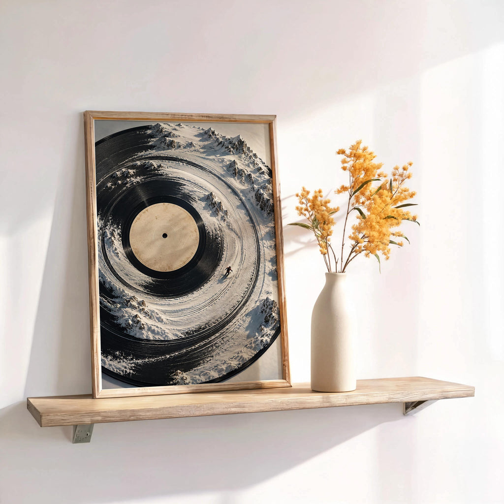 Surreal Vinyl Record Ski Wall Art, Snowy Mountain Skier Poster, Music Lover Winter Print, Alpine DJ Turntable Decor