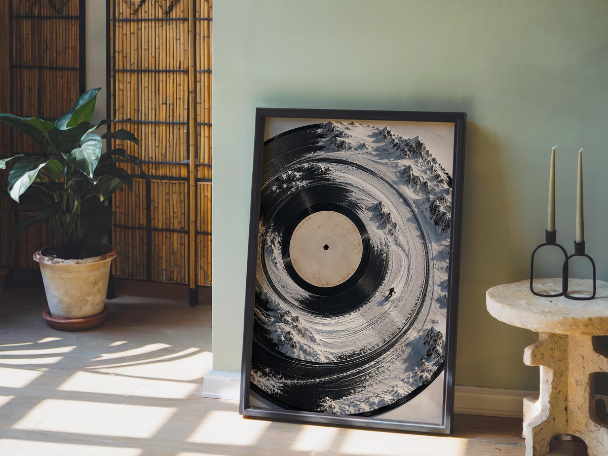 Surreal Vinyl Record Ski Wall Art, Snowy Mountain Skier Poster, Music Lover Winter Print, Alpine DJ Turntable Decor