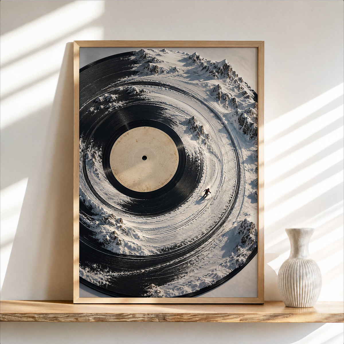 Surreal Vinyl Record Ski Wall Art, Snowy Mountain Skier Poster, Music Lover Winter Print, Alpine DJ Turntable Decor