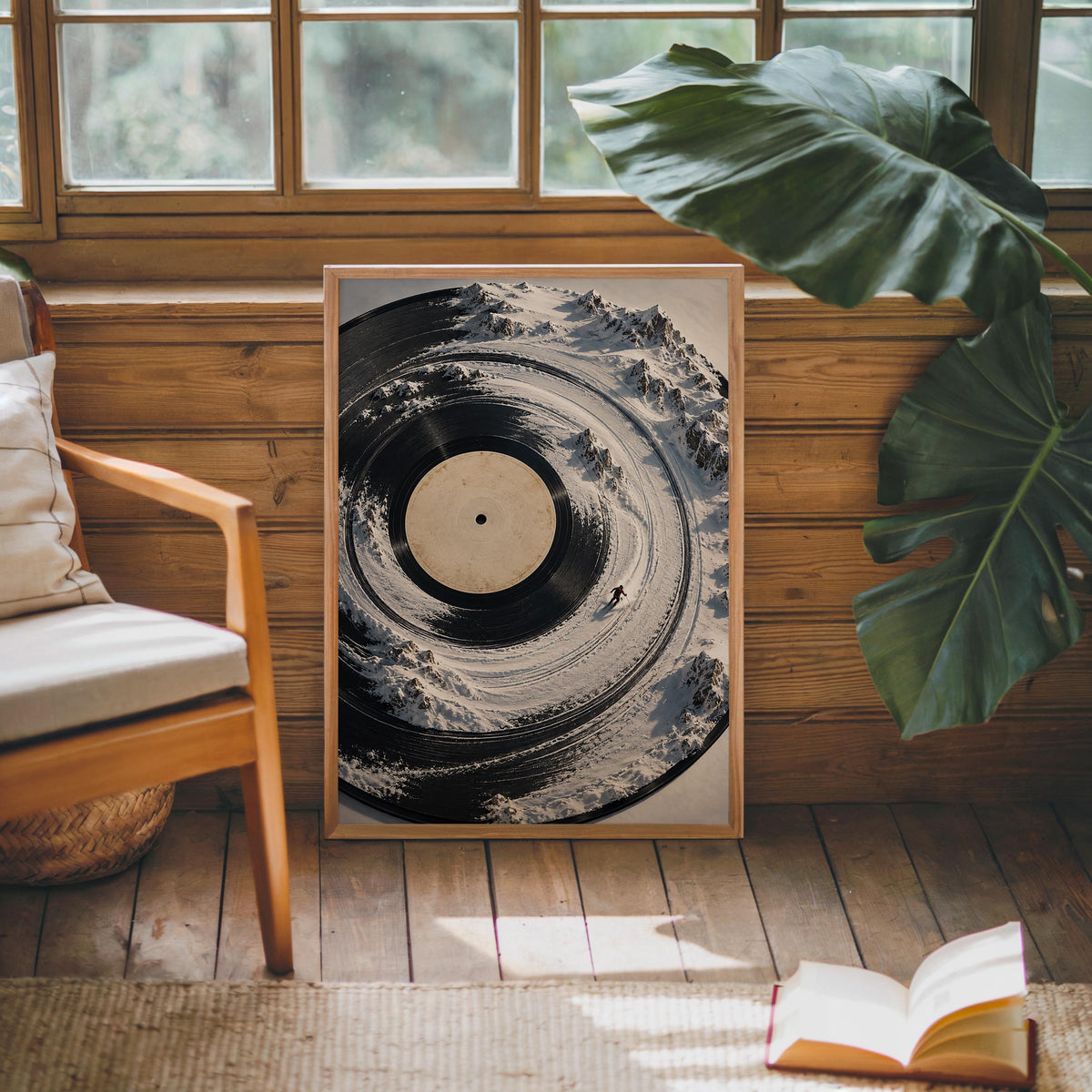 Surreal Vinyl Record Ski Wall Art, Snowy Mountain Skier Poster, Music Lover Winter Print, Alpine DJ Turntable Decor