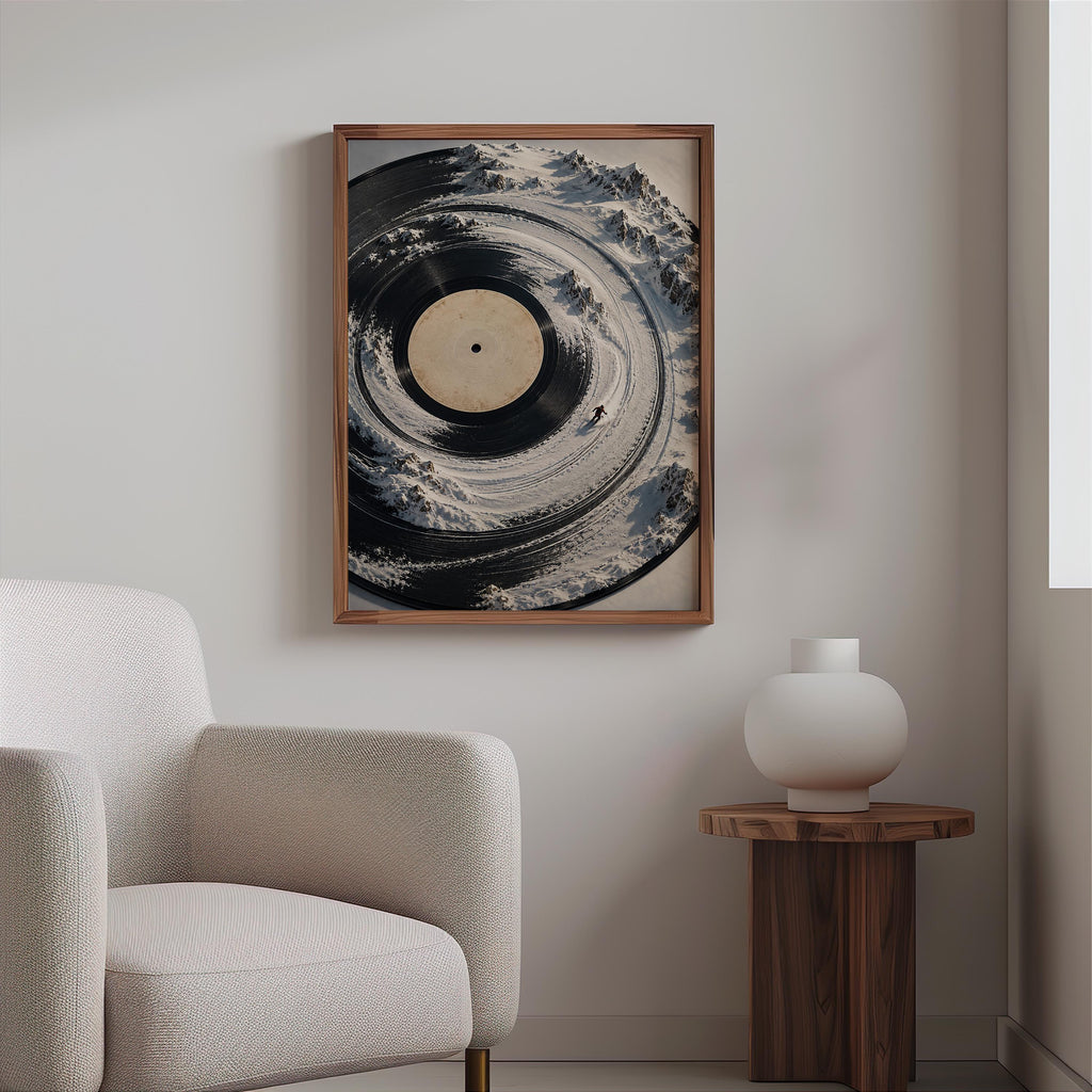 Surreal Vinyl Record Ski Wall Art, Snowy Mountain Skier Poster, Music Lover Winter Print, Alpine DJ Turntable Decor