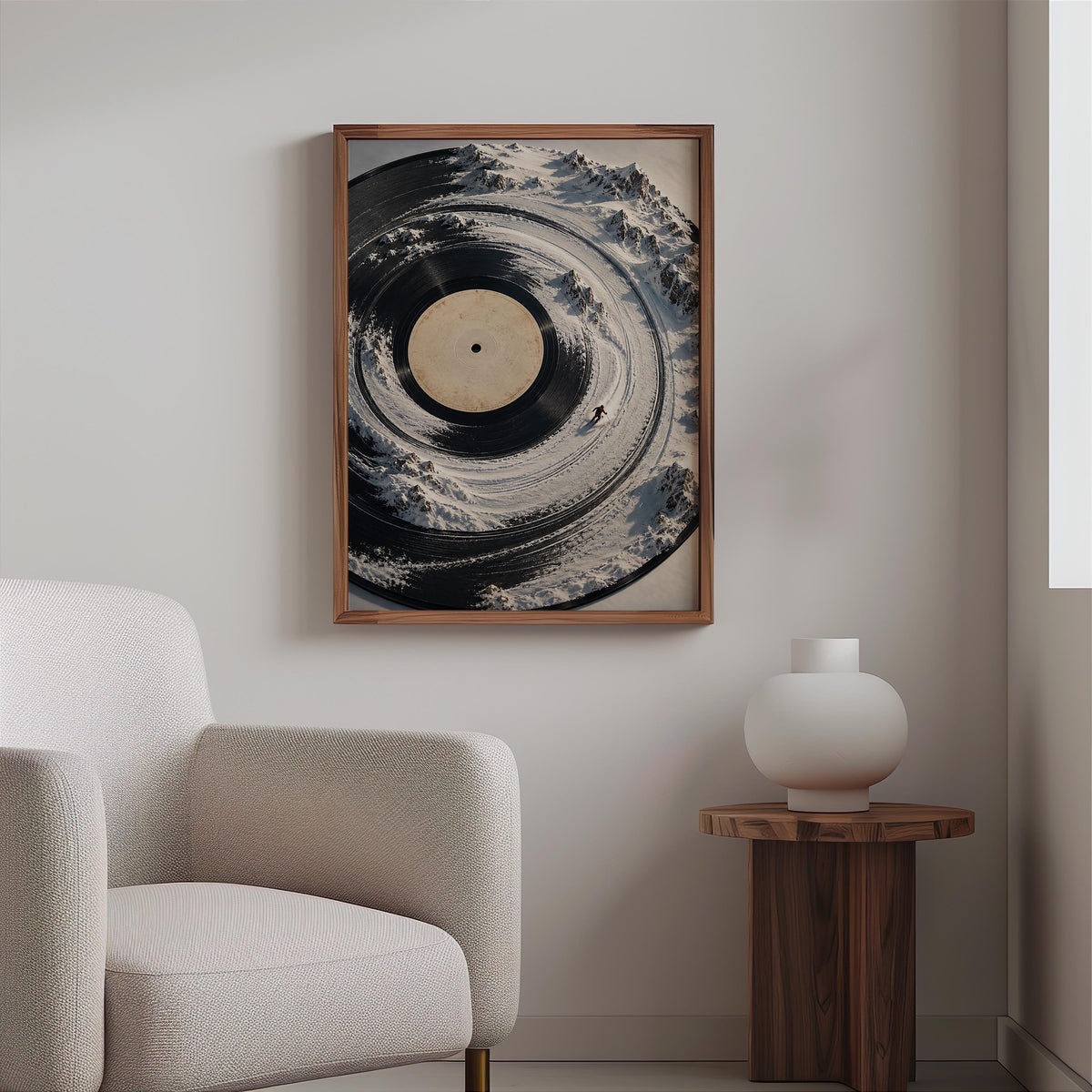 Surreal Vinyl Record Ski Wall Art, Snowy Mountain Skier Poster, Music Lover Winter Print, Alpine DJ Turntable Decor