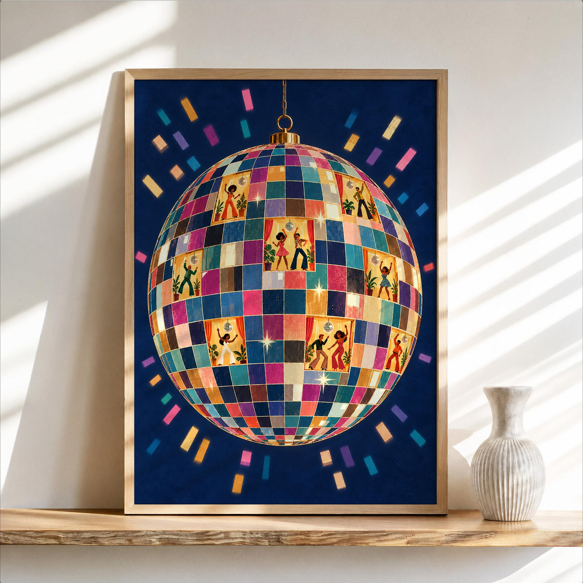 Retro Disco Ball Dancers Wall Art, 70s Dance Party Print, Funky Music Poster, Dopamine Decor, Groovy Dancing Lovers Illustration