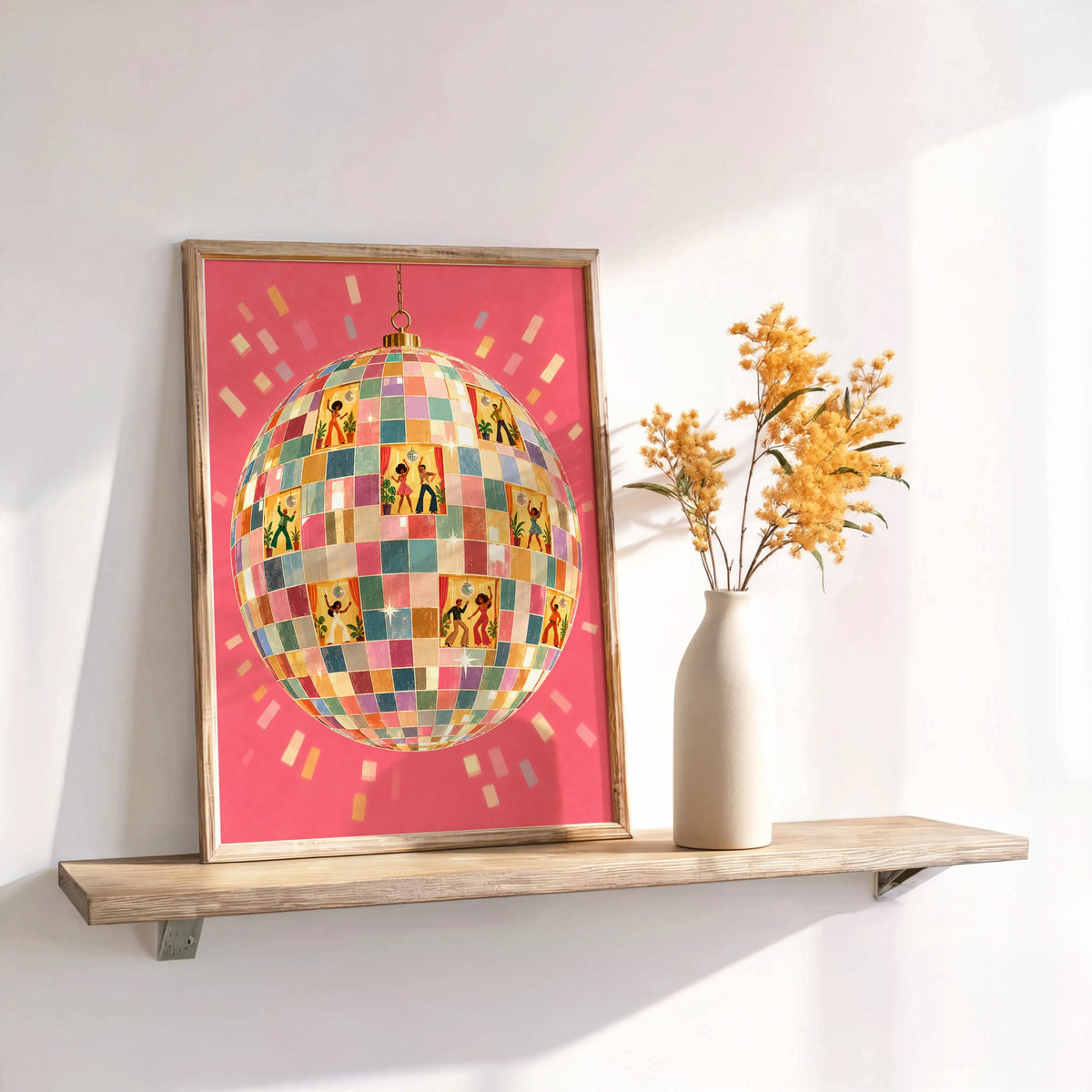 Retro Disco Ball Dancers Wall Art, 70s Dance Party Print, Funky Music Poster, Dopamine Decor, Groovy Dancing Lovers Illustration
