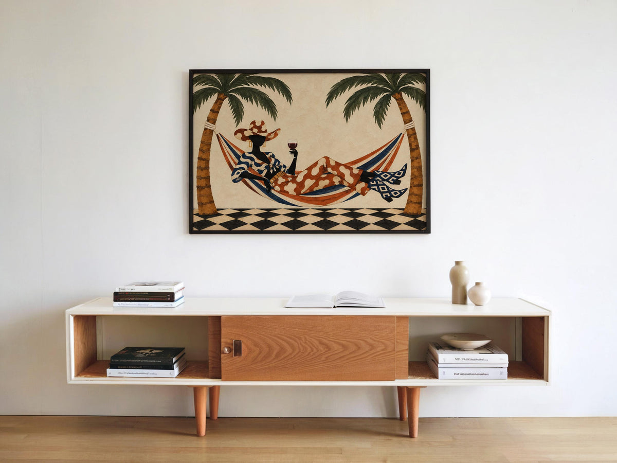 Tropical Cowgirl Poster, Woman in Hammock with Wine, Palm Tree Western Wall Art, Retro Summer Print, Eclectic Lounge Decor, Vacation Vibes