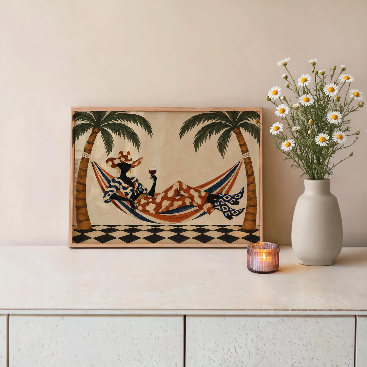 Tropical Cowgirl Poster, Woman in Hammock with Wine, Palm Tree Western Wall Art, Retro Summer Print, Eclectic Lounge Decor, Vacation Vibes