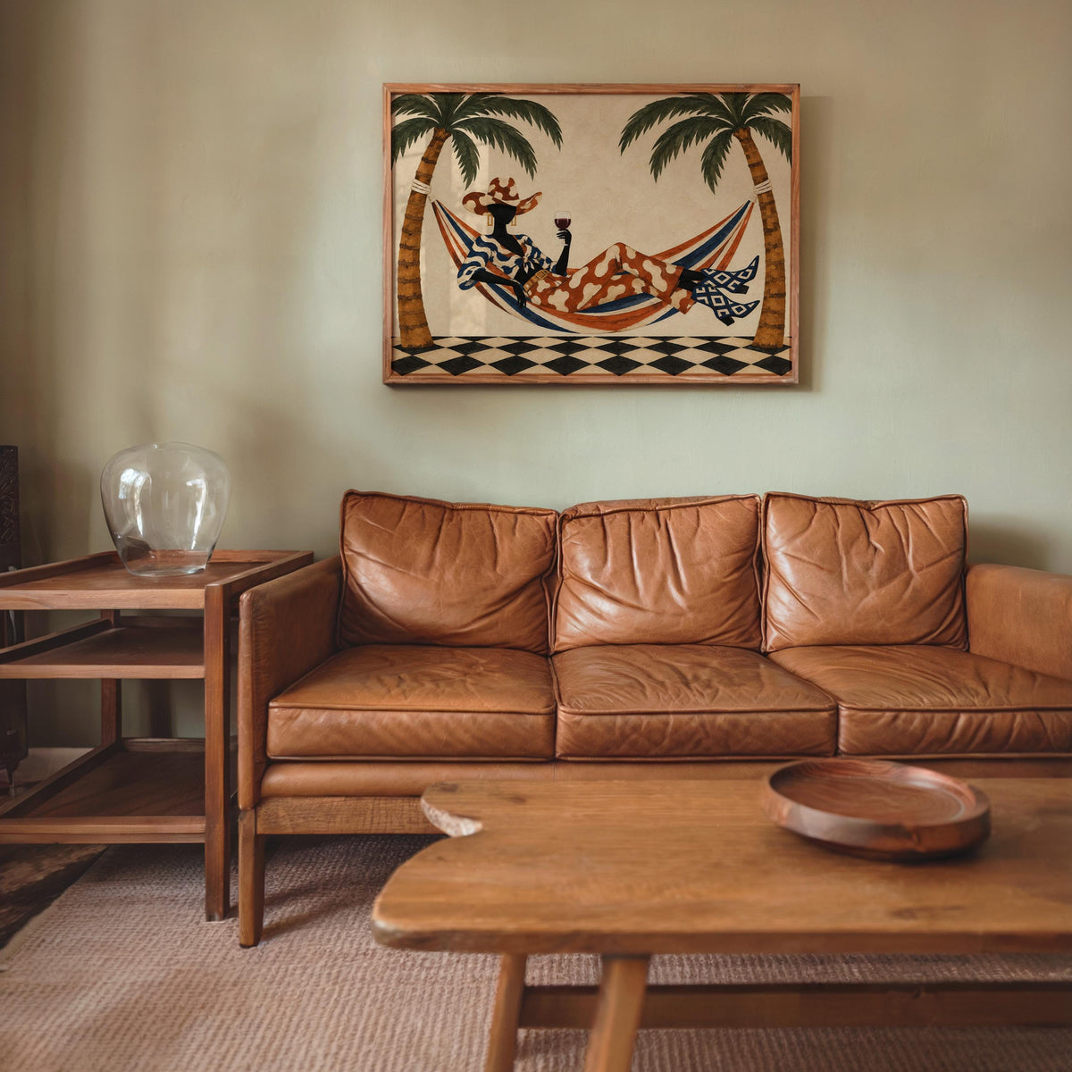 Tropical Cowgirl Poster, Woman in Hammock with Wine, Palm Tree Western Wall Art, Retro Summer Print, Eclectic Lounge Decor, Vacation Vibes