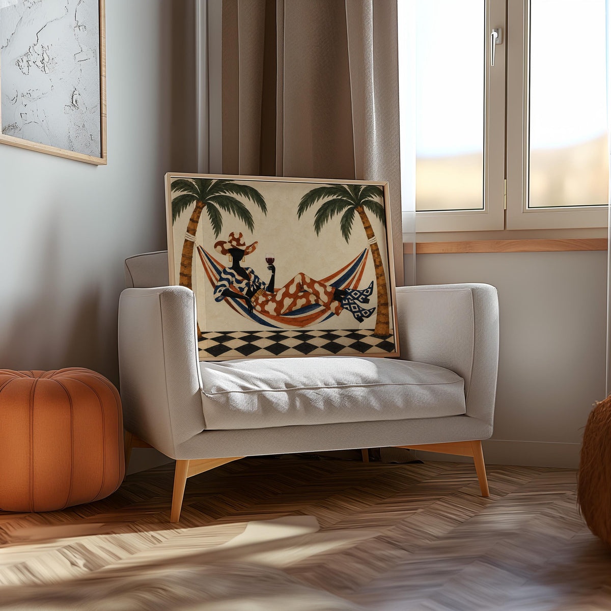 Tropical Cowgirl Poster, Woman in Hammock with Wine, Palm Tree Western Wall Art, Retro Summer Print, Eclectic Lounge Decor, Vacation Vibes