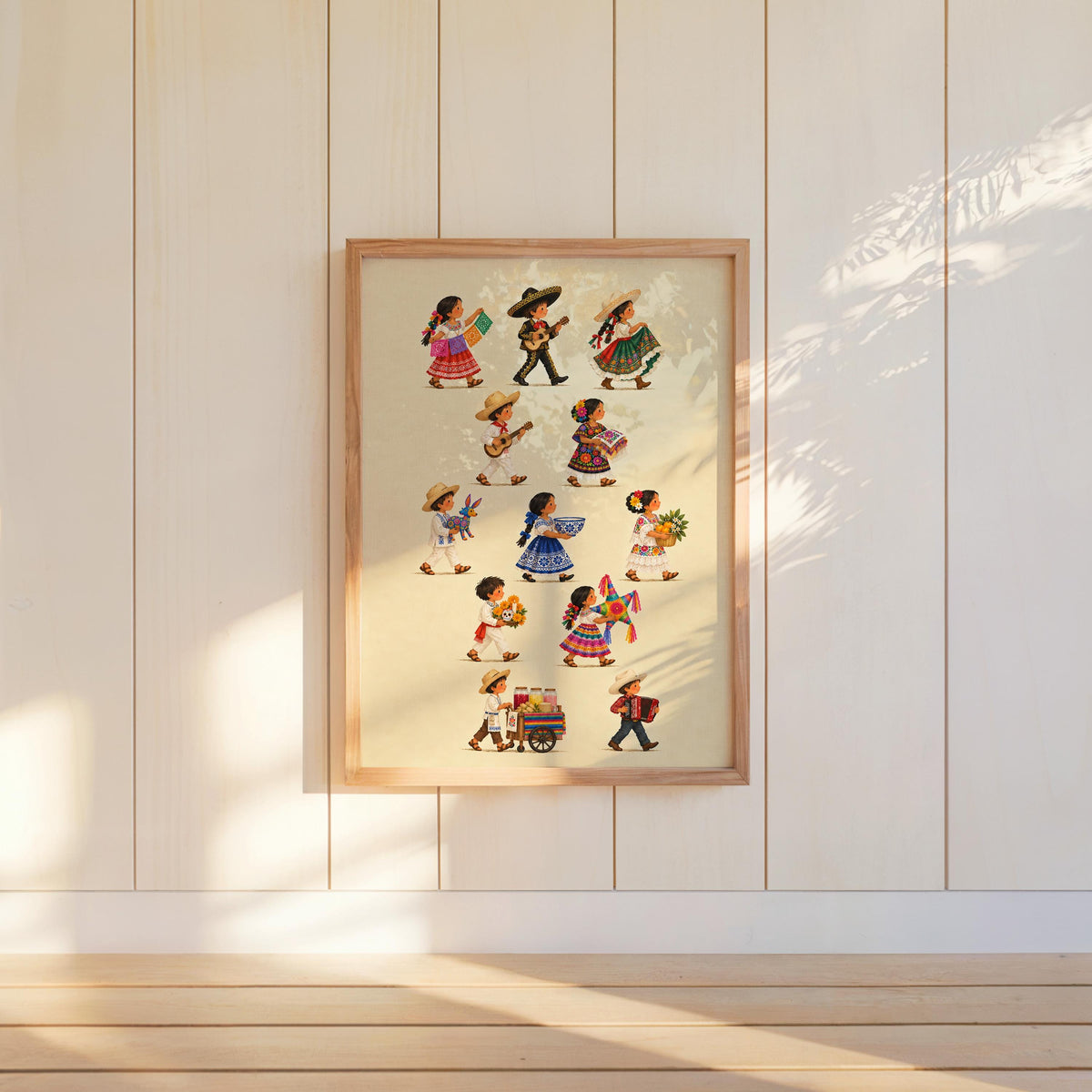 Mexican Heritage Kids Parade Wall Art, Traditional Mexico Children Poster, Folk Culture Print, Colorful Fiesta Latino Decor