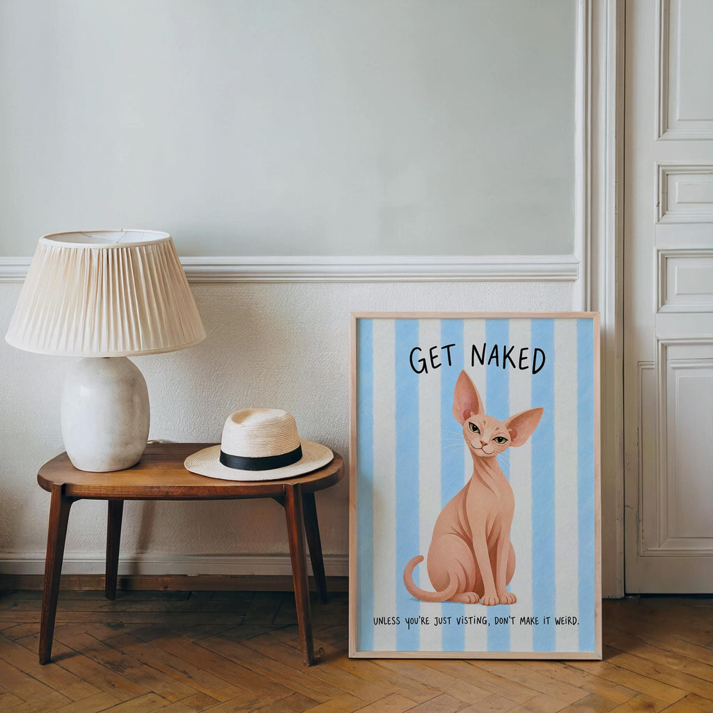 Get Naked Sphynx Cat Bathroom Wall Art, Funny Hairless Cats Poster, Guest Bathroom Quote Print, Blue Striped Powder Room Decor