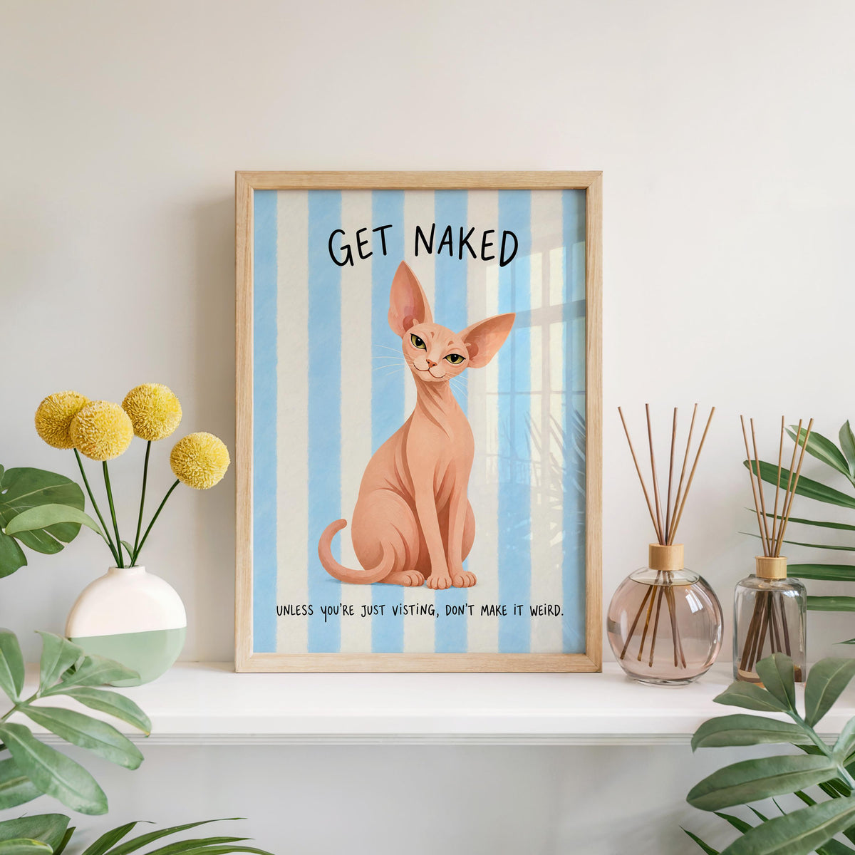 Get Naked Sphynx Cat Bathroom Wall Art, Funny Hairless Cats Poster, Guest Bathroom Quote Print, Blue Striped Powder Room Decor