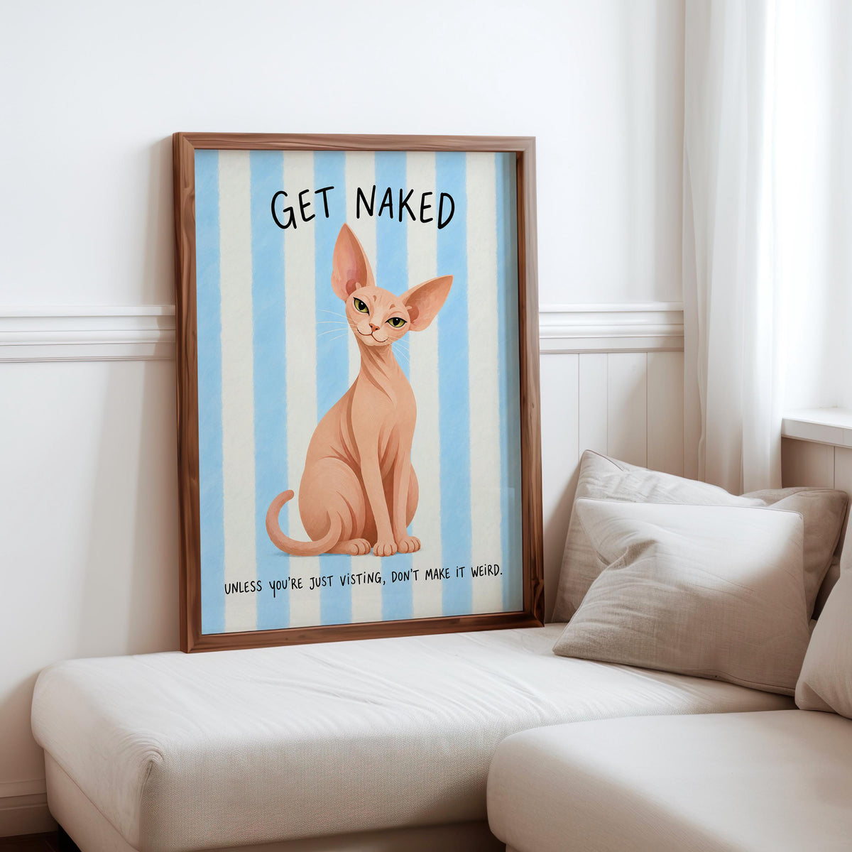 Get Naked Sphynx Cat Bathroom Wall Art, Funny Hairless Cats Poster, Guest Bathroom Quote Print, Blue Striped Powder Room Decor