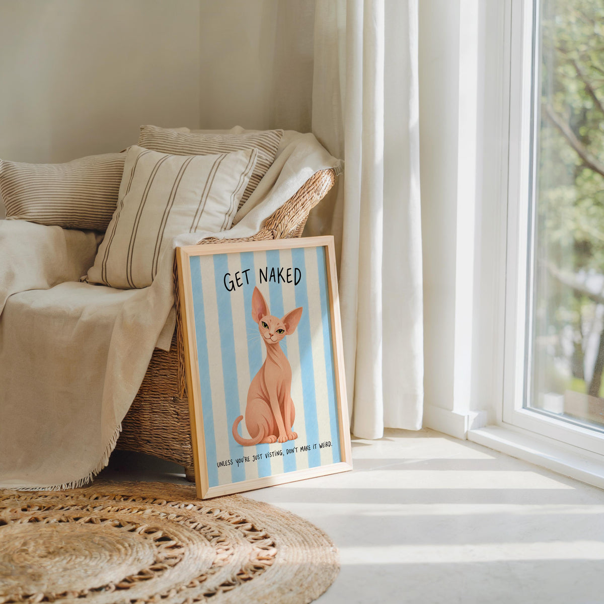 Get Naked Sphynx Cat Bathroom Wall Art, Funny Hairless Cats Poster, Guest Bathroom Quote Print, Blue Striped Powder Room Decor