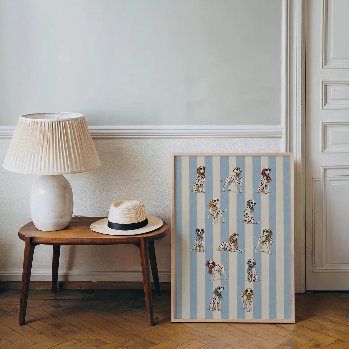 Dalmatian Dog Fashion Wall Art, Funny Dog Poster with Headscarf & Sunglasses, Blue Striped Pet Print, Quirky Chic Dog Lover Decor