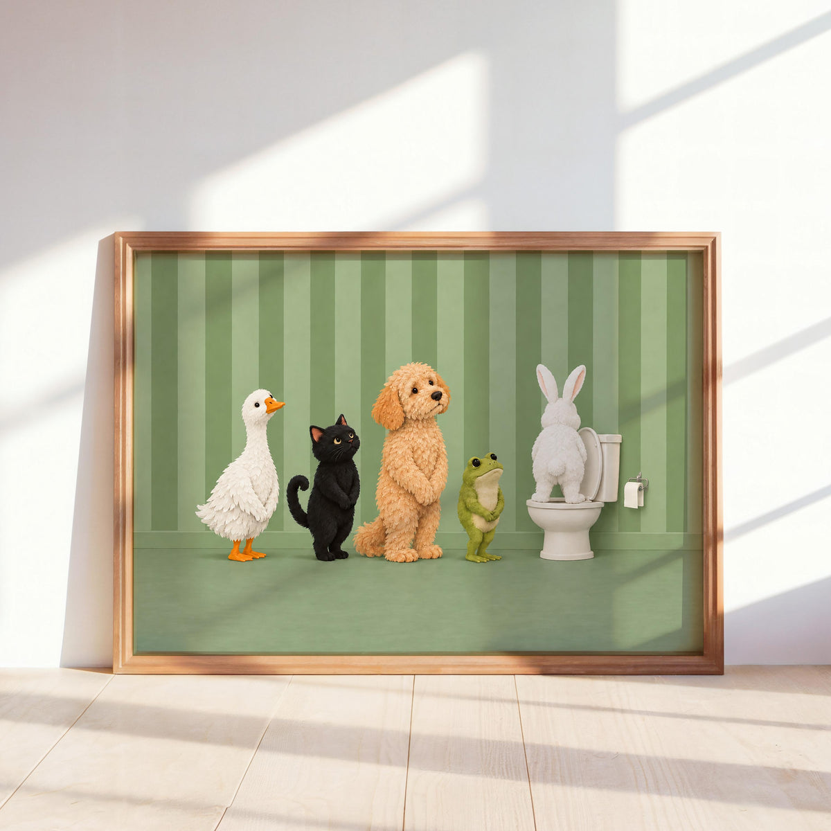 Bathroom Animal Queue Wall Art, Funny Animals Waiting for Toilet Print, Quirky Restroom Poster, Guest Bathroom Humor Decor