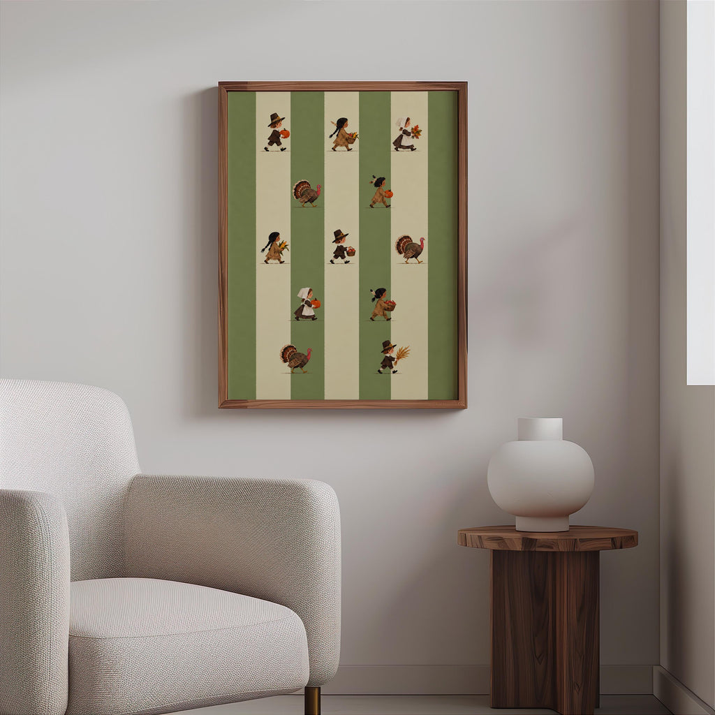 Thanksgiving Kids Wall Art, Vintage Harvest Parade Poster, Turkey Pumpkin Print, Striped Fall Decor, Autumn Family Holiday Wall Art